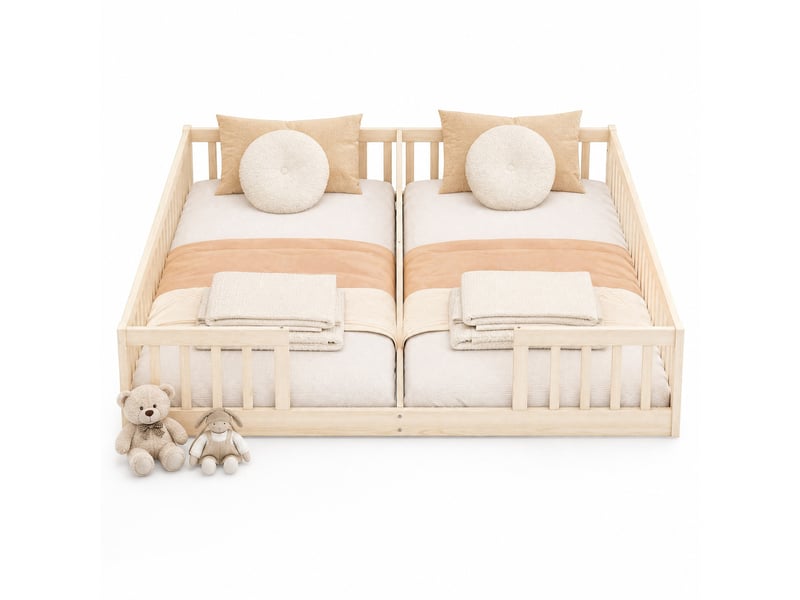 Lit enfant 90x200 cm 2 couchages avec barrières en pin et mdf coloris naturel - Conforama A