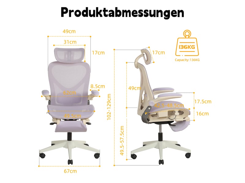  Chaise de bureau ergonomique pliable avec appui-tête 3d, dossier inclinable et soutien lombaire - lpospi - maille - violet  - Conforama D
