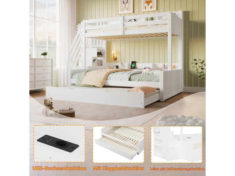 Lit superposé,90x200 cm et 140x200 cm,avec lit gigogne,usb rangement,échelle,bois massif,blanc  - Conforama E