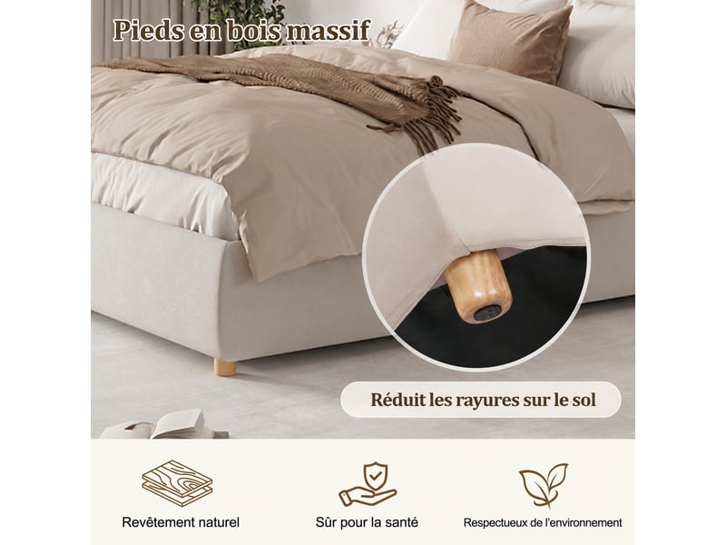  Lit coffre 180 x 200 cm en velours crème avec rangement hydraulique et sommier à lattes, sans matelas  - Conforama E