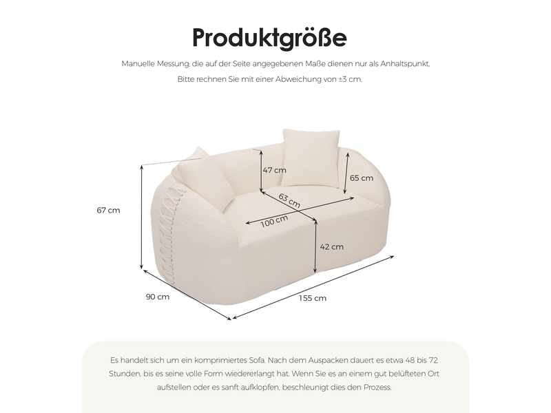  Canapé compressé 2 places 155x90x67 cm sans montage, sans structure, accoudoirs avec lacets, 2 coussins, mousse, tissu chenille blanc crème  - Conforama D