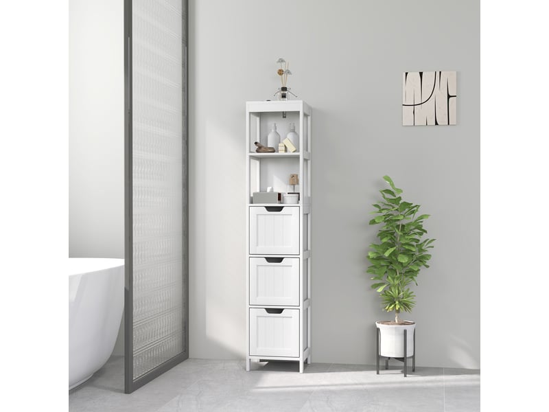  Meuble de salle de bain, 2 étagères, 3 tiroirs, matériau hydrofuge, blanc  - Conforama D