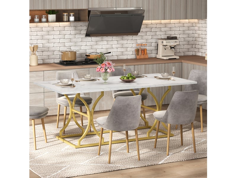 Table à manger 200x80x76 cm, 8-10 pers, plateau effet marbre(non marbre), pieds métal réglables, mdf, blanc et doré - Conforama E