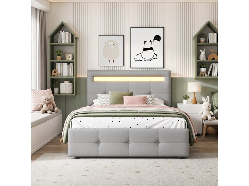  Lit avec tiroirs, lit simple 90×200 cm en tissu gris avec 2 tiroirs, led et tête réglable, sans matelas  - Conforama B