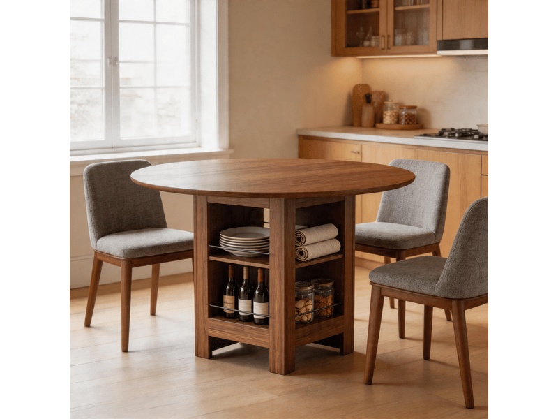  Table à manger ronde ø100 cm avec rangements ouverts, plateau mdf effet noyer, structure effet bois, pour 4 à 6 personnes, design moderne  - Conforama B