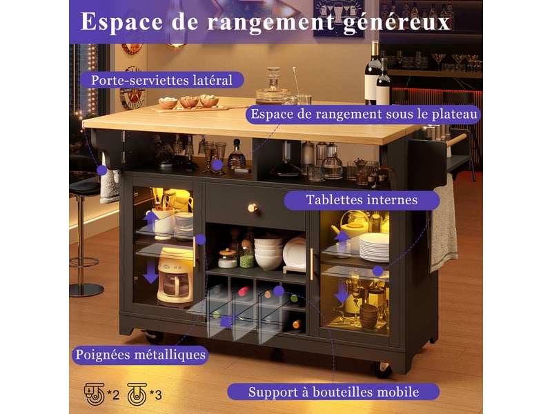 Îlot central de cuisine extensible noir 2 étagères réglable roulettes led casier à vin verre coins arrondis mdf cuisine moderne - Conforama C