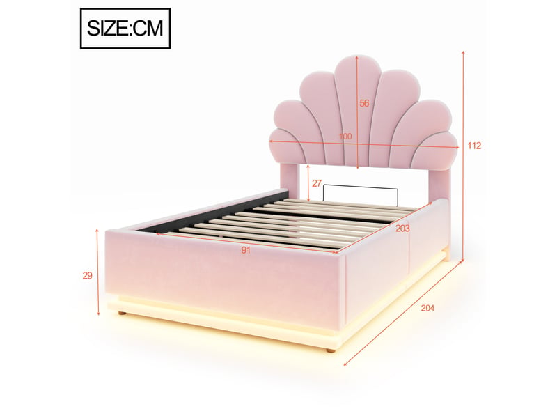 Lit simple 90 × 200 cm avec coffre hydraulique, led et tête de lit fleur en velours rose pour chambre à coucher - Conforama C