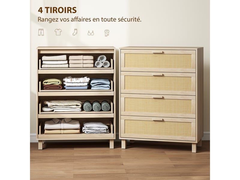  Commode 4 tiroirs cannage en rotin dim. 80l x 40l x 103h cm mdf aspect clair bois  - Conforama E
