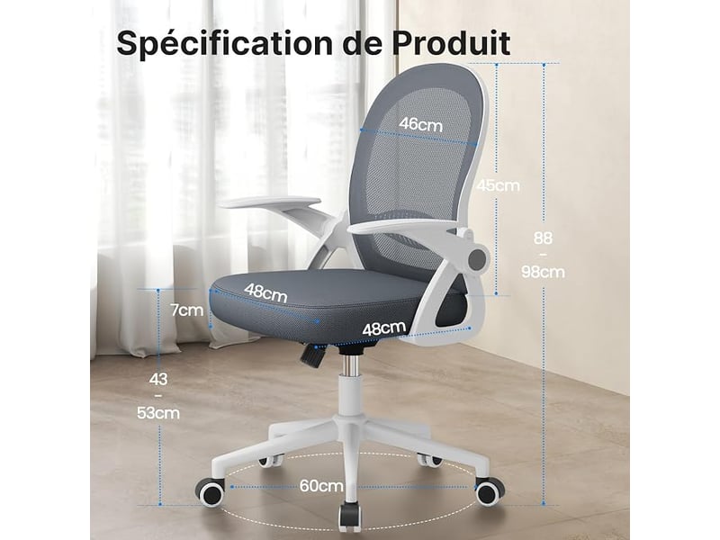  Chaise de bureau avec accoudoir relevable, fauteuil de bureau avec soutien lombaire, siège bureau avec dossier moyen de 45 cm (sans repose-pieds ni appuie-tête, bleu foncé)  - Conforama C