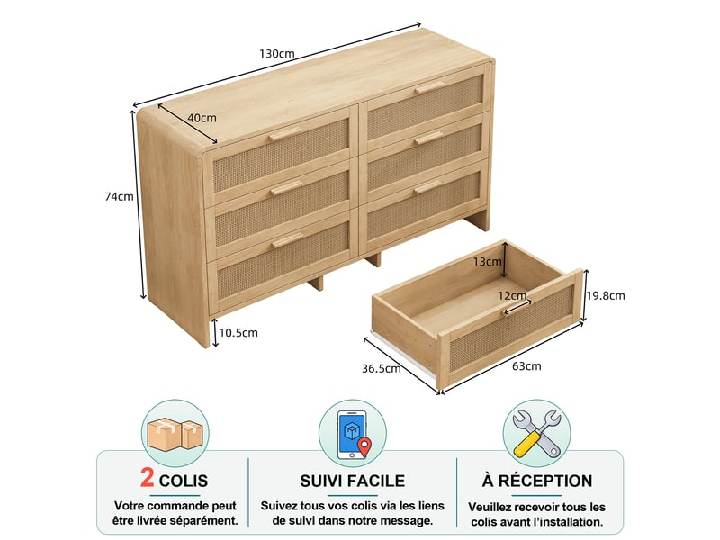 Commode avec 6 tiroirs en rotin, angles arrondis, pour salon, chambre ou cuisine, en panneaux de particules - Conforama D