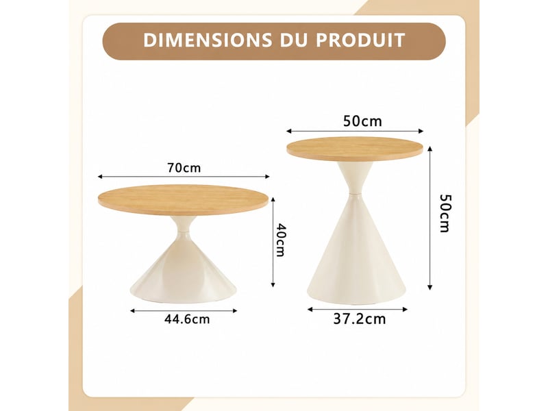  Lot de 2 tables rondes basse et d’appoint – plateau aspect bois, piètement crème – ø70 x h40 cm et ø50 x h50 cm  - Conforama D