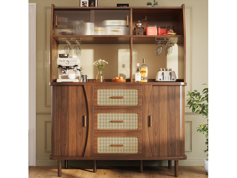  Buffet de cuisine avec 3 tiroirs, portes coulissantes en verre et niches, pour salle à manger, 140 × 40,5 × 174,5 cm  - Conforama C