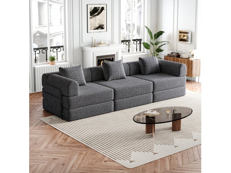 Canapé-lit modulable convertible 2-en-1, 6 places 274x183,8x69,8 cm, espace de rangement, accoudoir métal, chenille, gris - Conforama E