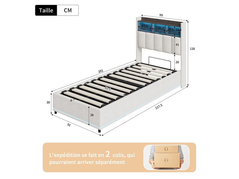  Lit coffre 90x200 cm avec led,usb et type-c, lit adulte avec sommier à lattes, lit simple moderne, blanc,velours  - Conforama C