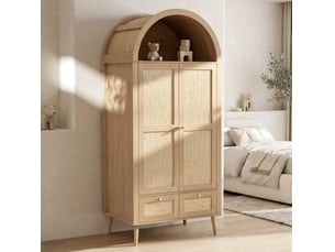 Armoire modenvie 2 portes 2 tiroirs 80 x 55 x 180 cm mdf aspect chêne et rotin pe beige
