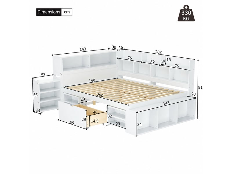  Lit enfant 140x200 cm - lit combiné avec tiroirs et bibliothèque, lit avec rangement blanc, sans matelas  - Conforama C