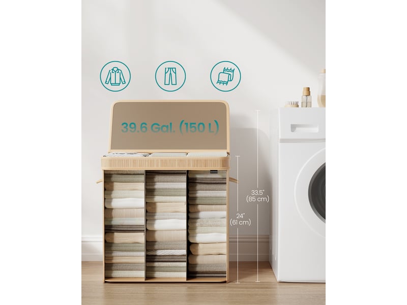 Panier à linge sale avec couvercle, corbeille linge sale en bambou, sac intérieur amovible et lavable en machine, poignées, volume 150 l, buanderie, chambre, salon, bambou naturel  - Conforama D