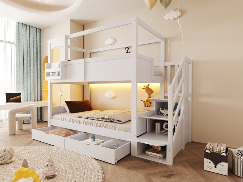  Lit superposé enfant 90x200 cm blanc bois de pin style cabane avec échelle de rangement tiroirs étagère et tableau noir Sol Morn - Conforama D