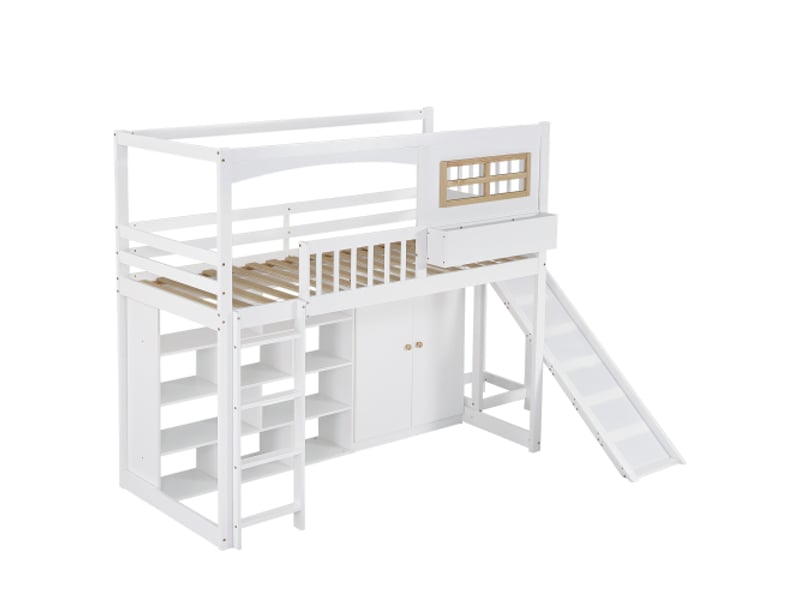  Lit mezzanine 90x200 cm avec barrière de sécurité, toboggan, armoire et rangement, en bois, blanc  - Conforama A