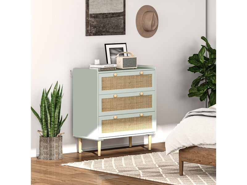  Commode design bohème en rotin avec 3 tiroirs, meuble de rangement pour le salon, le couloir, vert olive, l'entrée  - Conforama D