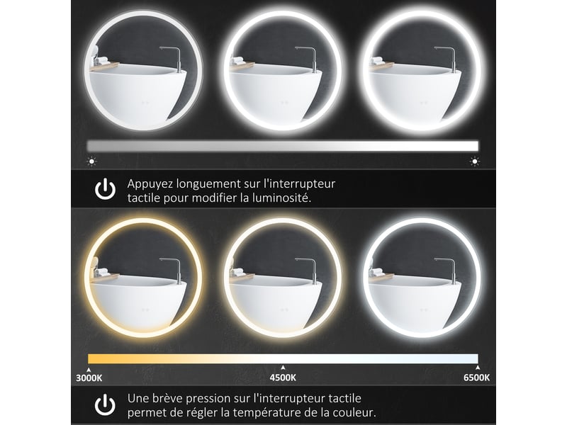  Miroir rond lumineux led de salle de bain  60 cm mural avec éclairage 3 couleurs tactile interrupteur 29w blanc argent  - Conforama E