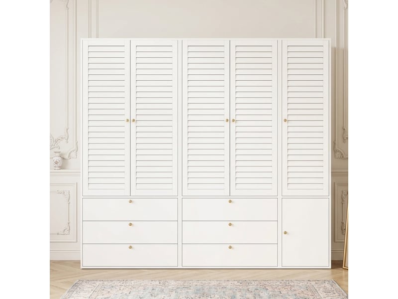  Armoire de chambre 225x50x200 cm, dressing penderie moderne avec 5 portes persiennes, avec 3 tringles et 6 tiroirs, pour adulte ou enfant, blanc  - Conforama C