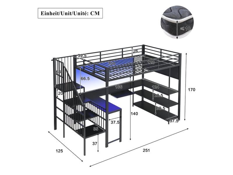 Lit mezzanine gaming 120x200 cm noir led métal et mdf - Conforama C
