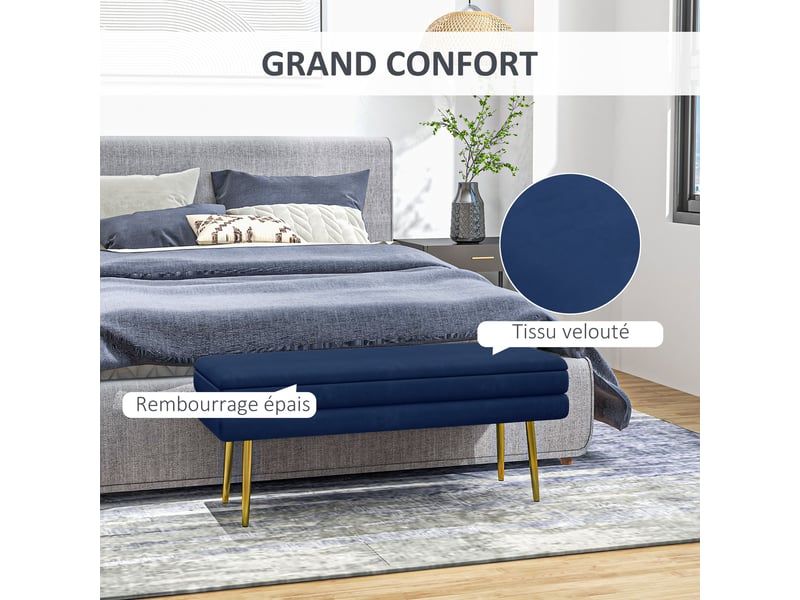  Banc banquette coffre de rangement 2 en 1 assise aspect velours et acier pieds - 100 x 37,5 x 42 cm bleu et doré  - Conforama A
