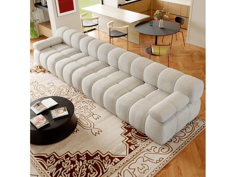  Canapé droit fixe 4 places en tissu blanc 400 cm, assise en mousse, sans montage pour votre grand salon  - Conforama E