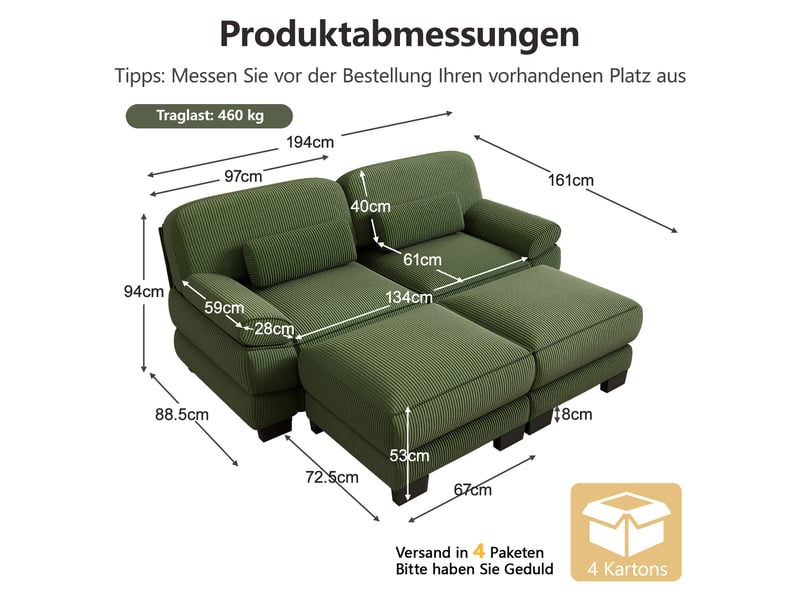  Canapé modulable - 2 places - 2 ottomans - assise profonde - velours côtelé - mobilier de salon - configuration flexible - vert CozyNest - Conforama D