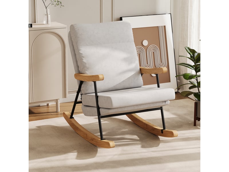 Fauteuil à bascule en tissu lin avec accoudoirs ergonomiques et base en bois naturel pour salon et chambre - 64,5x97,5x94 cm - gris  - Conforama B