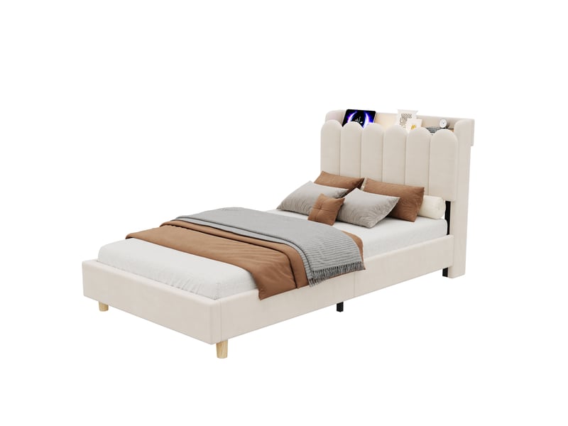  Lit enfant rembourré en velours 90x200 cm, lit simple avec liseuse, usb, type-c, tête de lit capitonnée et sommier à lattes, beige  - Conforama A