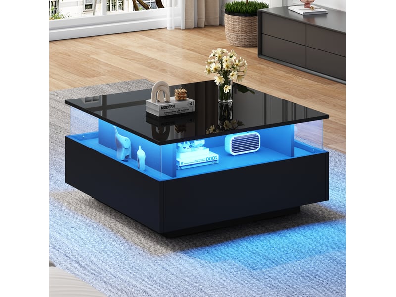  Table basse avec 2 tiroirs, espace transparent et led, pour salon, 70 × 70 × 41 cm, en panneau de particules, noir  - Conforama B