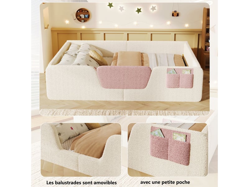  Lit 140 x 190 cm, velours beige lit double, barrières de sécurité amovibles, poche de rangement intégrée  - Conforama D