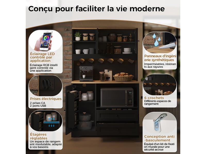 Meuble de cuisine muvano noir, buffet haut de 163 cm avec led, prises et niche micro-ondes - Conforama E
