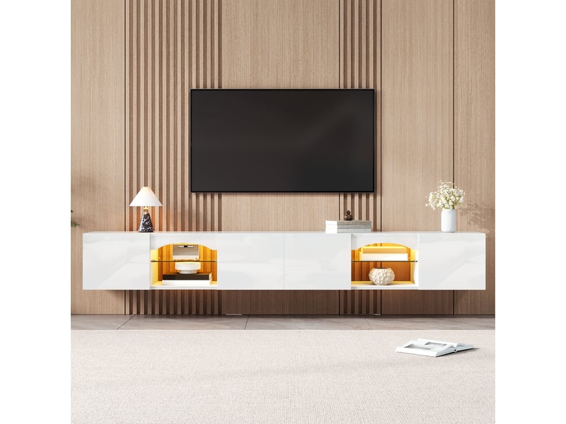  Meuble tv avec 4 portes, 200 x 30 x 28 cm, éclairage led, 2 niches ouvertes, panneaux de particules, blanc Morn Vibe - Conforama B
