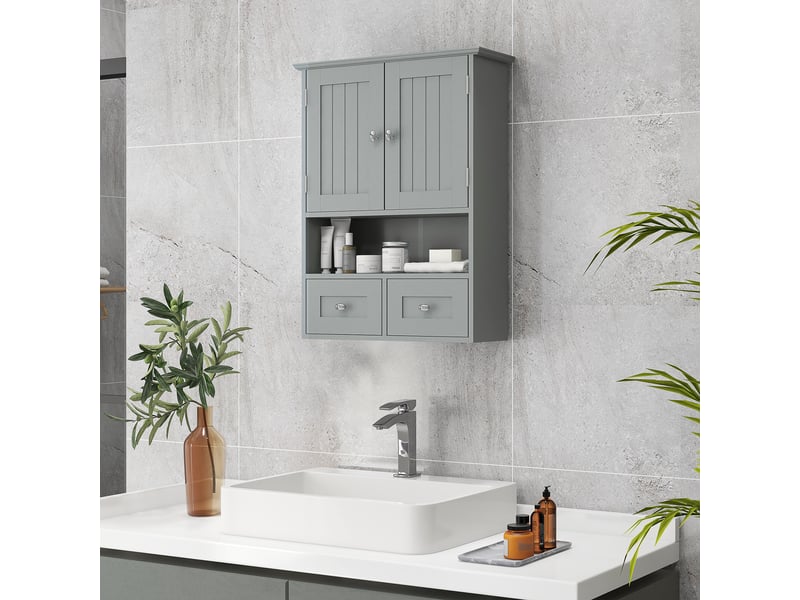  Armoire murale de salle de bain grise avec portes, étagère et 2 tiroirs  - Conforama C