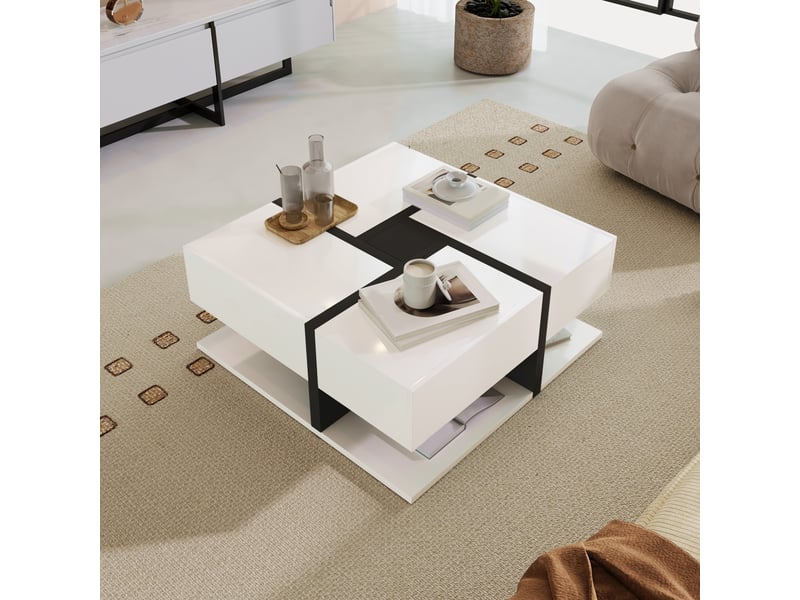  Table basse carrée 78x78x36cm laquée haute brillance avec 4 tiroirs | étagère inférieure bicolore | charge 50kg - blanc et noir  - Conforama B