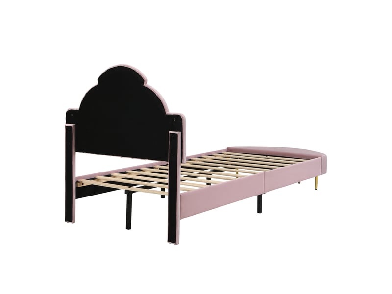 Lit simple 90x200cm tête capitonnée velours, bord mousse anti-collision, contreplaqué, rose, sans matelas - Conforama R