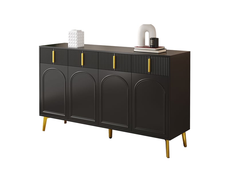  Buffet et enfilade noir avec 4 portes, 4 tiroirs et étagères réglables, détails dorés pour salon 140 × 38 × 82 cm  - Conforama A