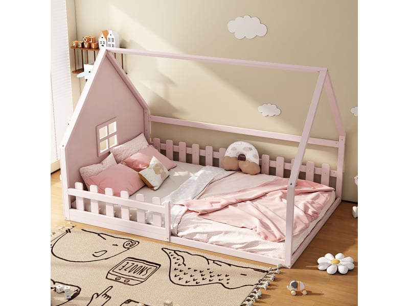  Lit cabane enfant tcqpz 140 x 200 cm bois de pin et mdf rose  - Conforama E