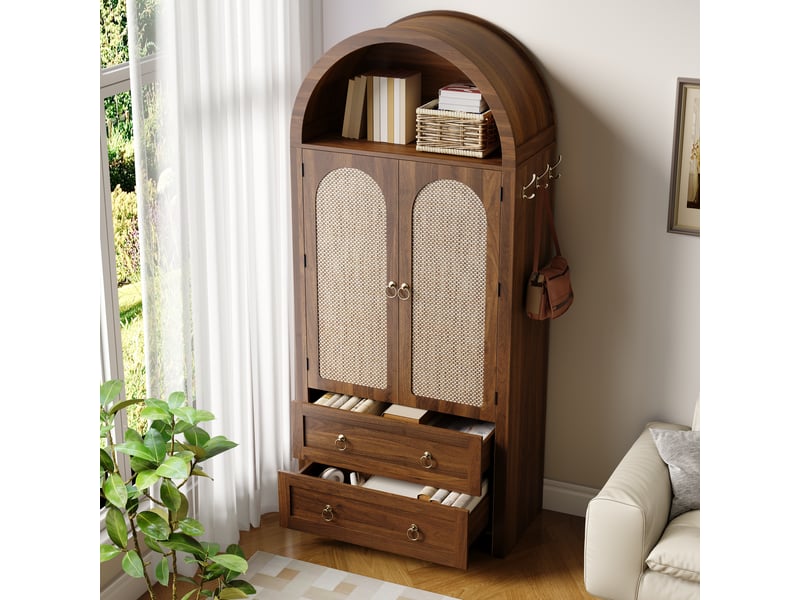  Buffet haut arqué 2 portes effet cannage et 2 tiroirs décor noyer 80 × 40 × 180 cm IKSETERA TRADING LTD - Conforama E