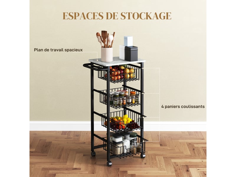  Desserte de cuisine à roulettes 4 paniers acier gris 49,5 x 31 x 91 cm  - Conforama D