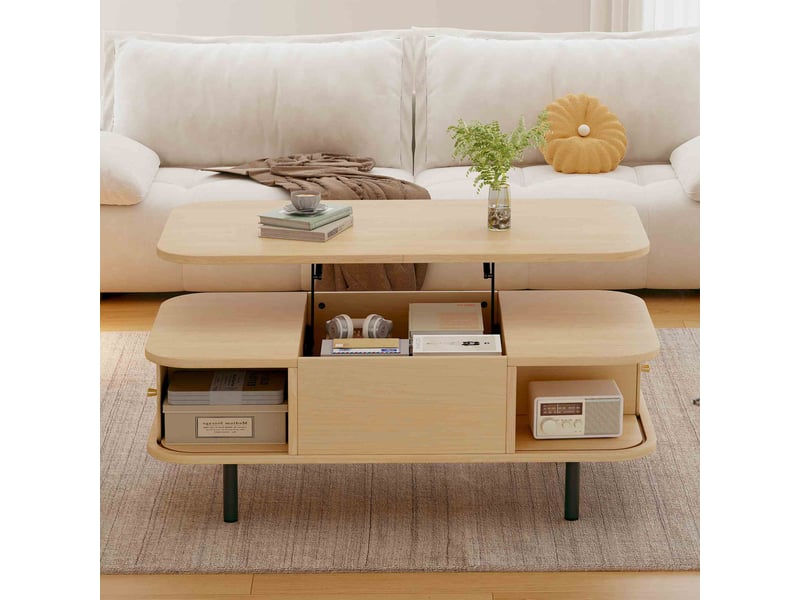  Table basse relevable 101x51x52,5 cm en mdf effet noyer, table basse 2 en 1 avec rangement, plateau réglable en hauteur, 2 portes coulissantes-naturel  - Conforama E