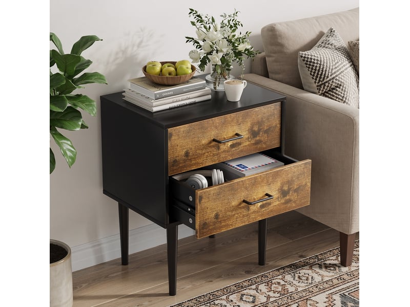  Table de chevet d'appoint 50,8x38,1x63,9 cm, 2 tiroirs, design rétro, chambre, rangement pratique, mdf, marron antique  - Conforama B