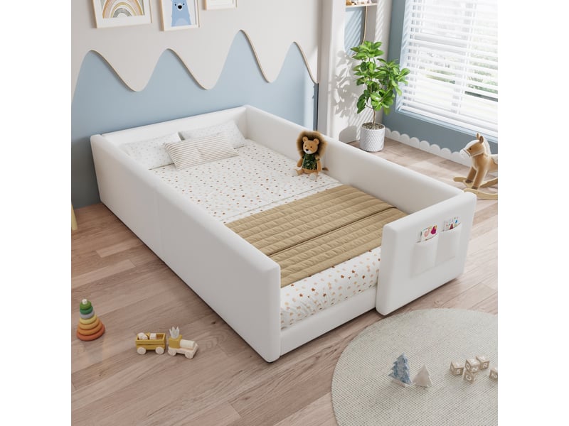  Lit enfant 90x200 cm rembourré, lit bas montessori avec côtés doux, poche de rangement latérale, cadre en velours - blanc  - Conforama B