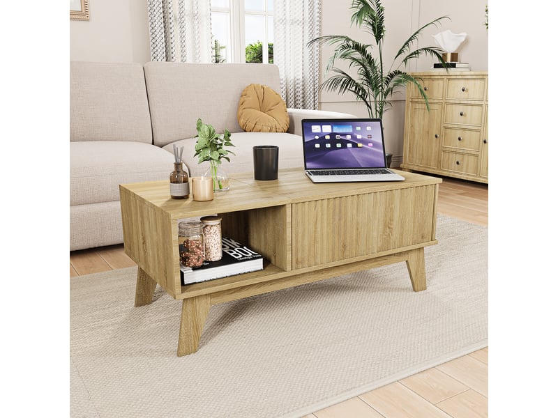  Table basse avec plateau relevable,table de salon moderne,mdf,rangement caché,95 x 48 x 42 cm,couleur bois naturel  - Conforama D