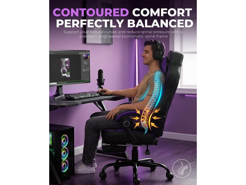  Gtplayer chaise de jeu avec repose-pieds, 180kg, soutien lombaire, appui-tête réglable, inclinable à 155° - violet F59-PP-TJ - Conforama D