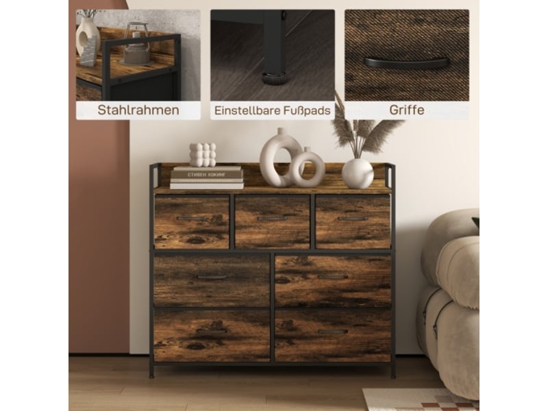 Commode marron, 7 tiroirs en tissu, structure MDF, rangement anti-basculement, design moderne - Conforama E