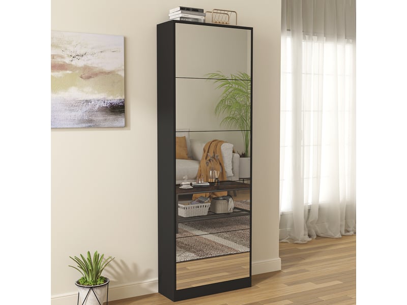  Meuble à chaussures 5 abattants double étage avec miroir - lpospi - gain de place mdf noir 185 cm  - Conforama B